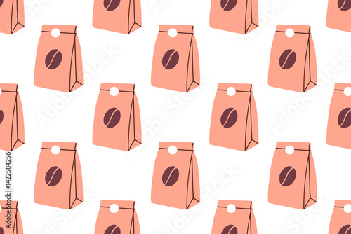 Minimalistic repeat pattern featuring brown and pink coffee bean bags isolated on a clean white background
