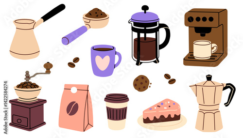 Coffee set with various items with coffee makers, mugs, grinder, spoon, beans, and slice of cake on a white background