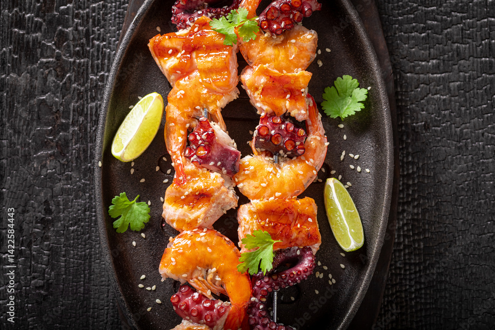 Fresh roasted skewer as a Mediterranean dinner.