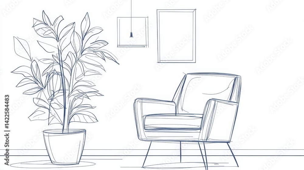 Continuous one line drawing of an armchair, stylish office interior with a chair and home plant