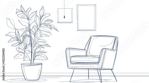 Obraz na płótnie Continuous one line drawing of an armchair, stylish office interior with a chair and home plant w salonie
