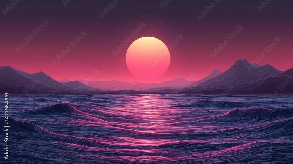 Naklejka premium Synthwave Sunset over Serene Ocean and Mountains
