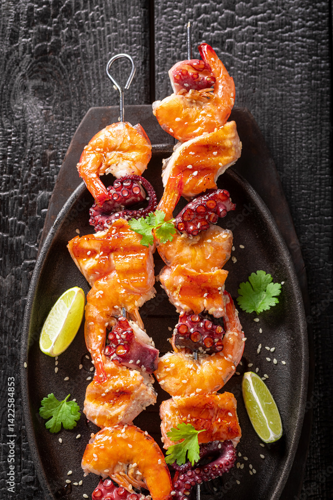 Spicy grilled skewer as a healthy summer appetizer.