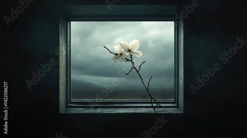 A delicate white magnolia flower on a bare branch stands before a square window overlooking a misty, overcast landscape.