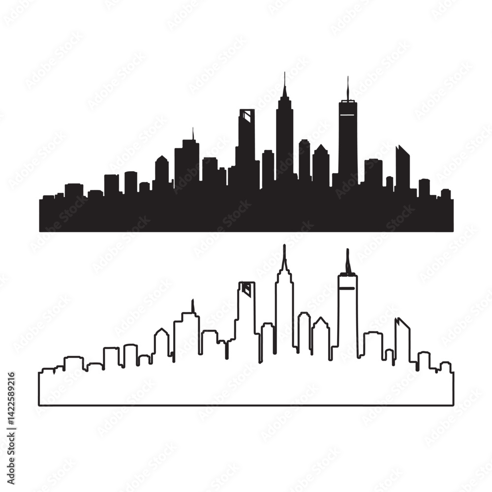 Naklejka premium City skyline silhouette and outline on white background Vector