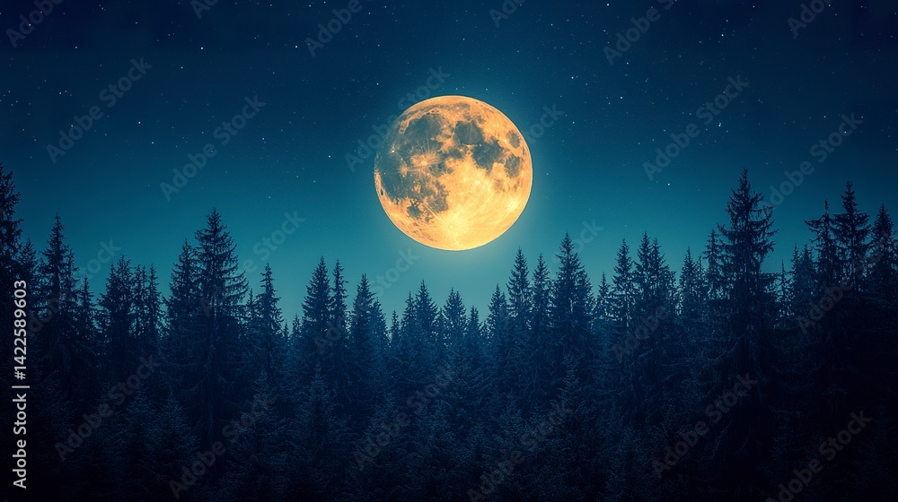 Fototapeta premium Full moon rising over a dense forest silhouette, clear night sky in deep blue tones 