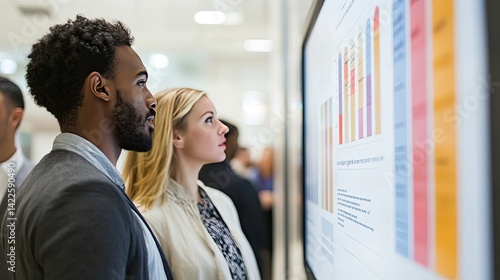 Two Businesspeople Reviewing Colorful Charts During Office Presentation