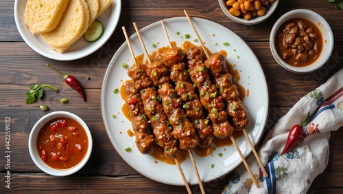 Spicy South African Sosaties with Peanut Sauce, Bread, and Beans