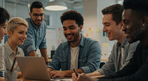 Diverse professionals collaborating around a laptop in a modern workspace, fostering teamwork and innovation.