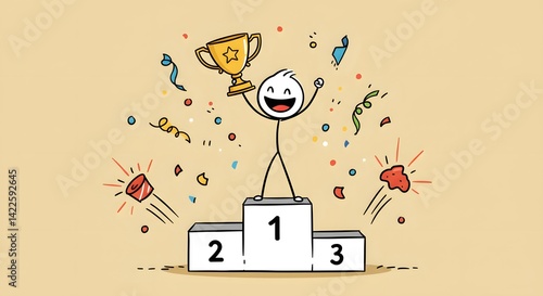 Stick Figure Winning Podium with Hand-Drawn Style