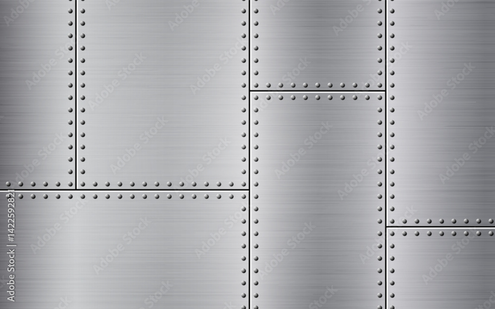 Metal rivets. Steel texture with brushed panels. Riveted industrial background perfect for tech design. Polished metal frame. Vector illustration.