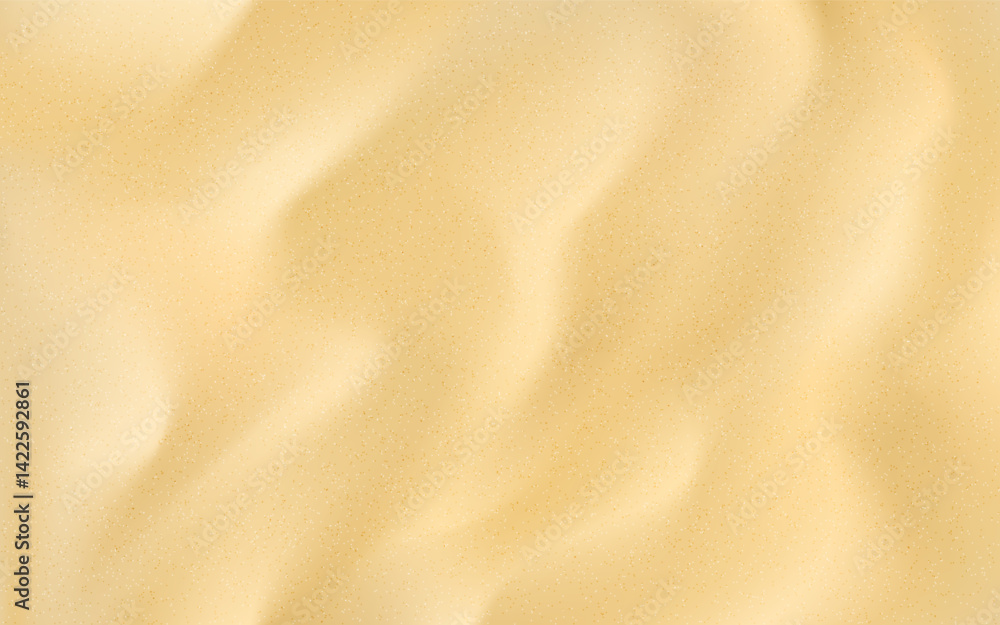 Sand texture. Sandy beach background with soft dunes and gold particles. Realistic desert ground or ocean shore. Travel design template with waves and sparkle. Vector illustration.