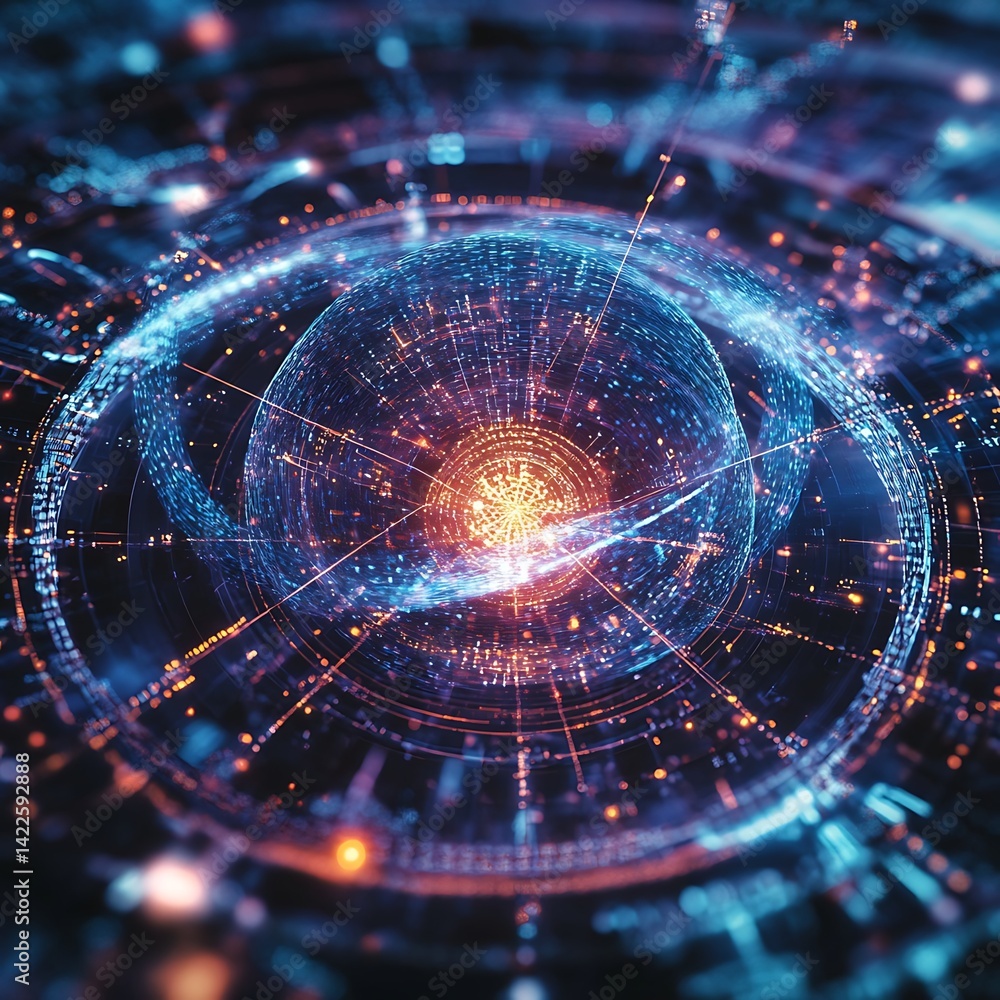 Fototapeta premium Abstract digital sphere with intricate network patterns. A mesmerizing display of interconnected data points, glowing with vibrant colors, creating a futuristic and complex visual