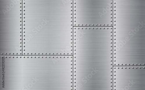 Metal rivets. Steel texture with brushed panels. Riveted industrial background perfect for tech design. Polished metal frame. Vector illustration.