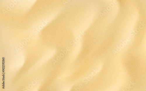 Sand texture. Sandy beach background with soft dunes and gold particles. Realistic desert ground or ocean shore. Travel design template with waves and sparkle. Vector illustration.