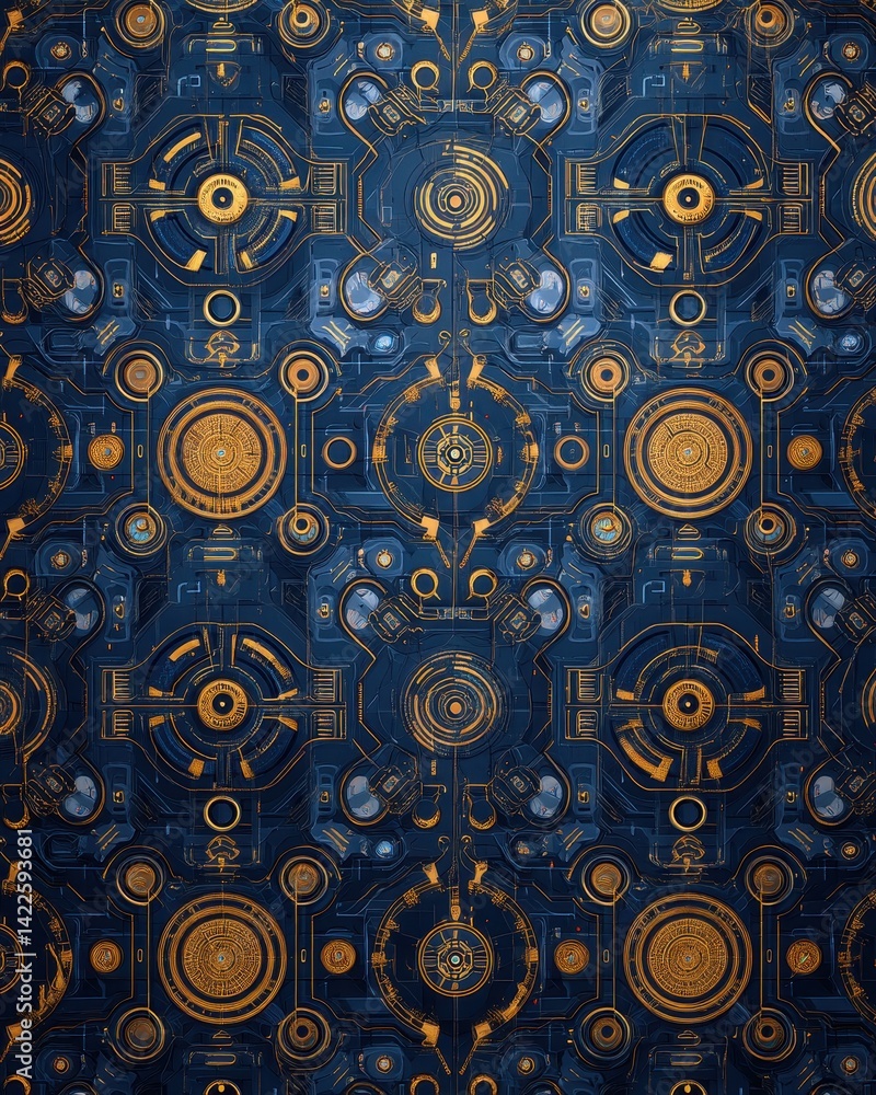 A detailed, symmetrical pattern of stylized futuristic technical components in gold over dark blue, creating an intriguing, mechanical aesthetic. A detailed, symmetrical pattern of stylized futuristic technical components in gold over dark blue, creating an intriguing, mechanical aesthetic.