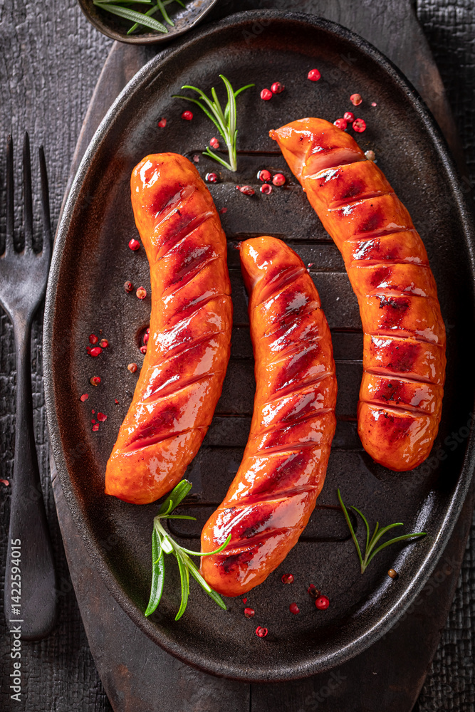 Spicy roasted sausage as summer snack for bbq.