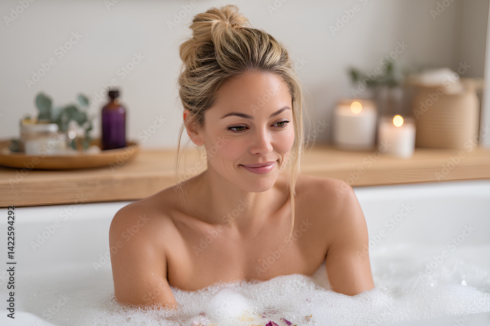 Naklejka premium Woman relaxing in a bubble bath surrounded by candles in spa-like setting
