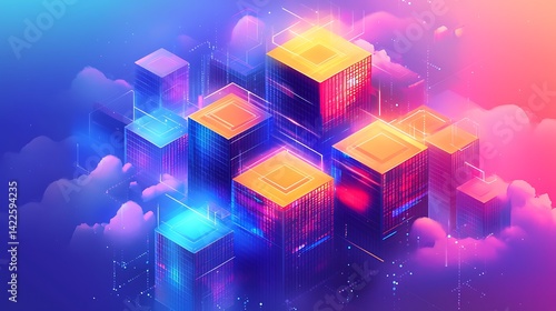 Futuristic network of interconnected data centers in a vibrant cloud environment.  Complex, digital architecture with colorful glowing blocks