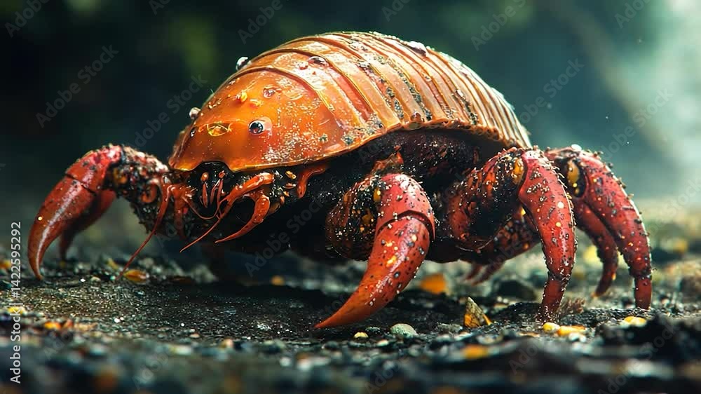 Orange shelled crab creature on dark ground, lush jungle background. Possible use Conceptual art, fantasy Orange shelled crab creature on dark ground, lush jungle background. Possible use Conceptual art, fantasy