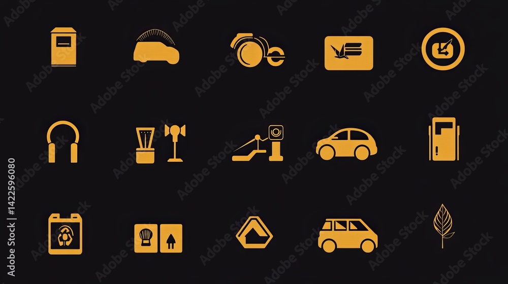 A collection of yellow icons on a black background depicting various symbols and transportation items A collection of yellow icons on a black background depicting various symbols and transportation items