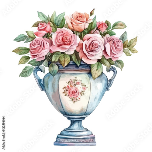 Large Decorative Urn With Roses, vector watercolor illustration, isolated on a white background.