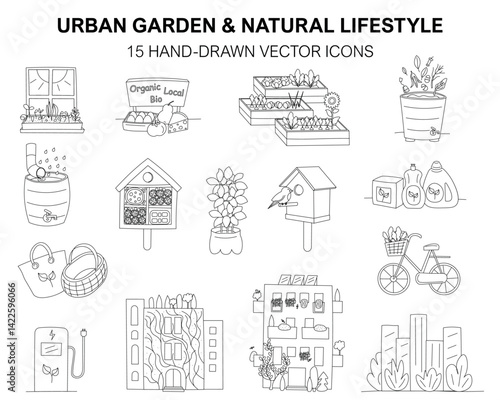 A collection of 15 hand-drawn vector icons inspired by urban gardening and natural living.