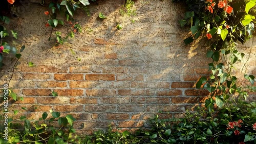 Brick wall background with flower vines in garden setting, sunlit rustic scene