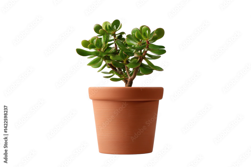 Fototapeta premium Jade Jewel: A compact jade plant, a symbol of prosperity, nestled in a terracotta pot against an infinite black background, radiating natural beauty and serenity.
