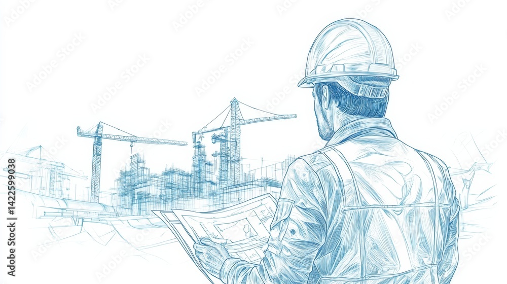 Obraz premium continuous single line drawing of civil engineer or architect with constructions plans, line art vector illustration -