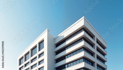 Modern white building with balconies against blue sky