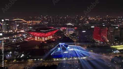 4K real time aerial view of light show held in Shanghai World Expo Park.