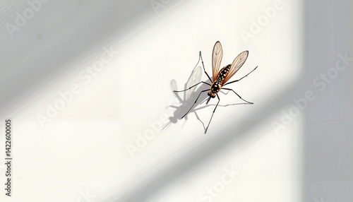 Mosquito with orange wings casting shadow on white wall