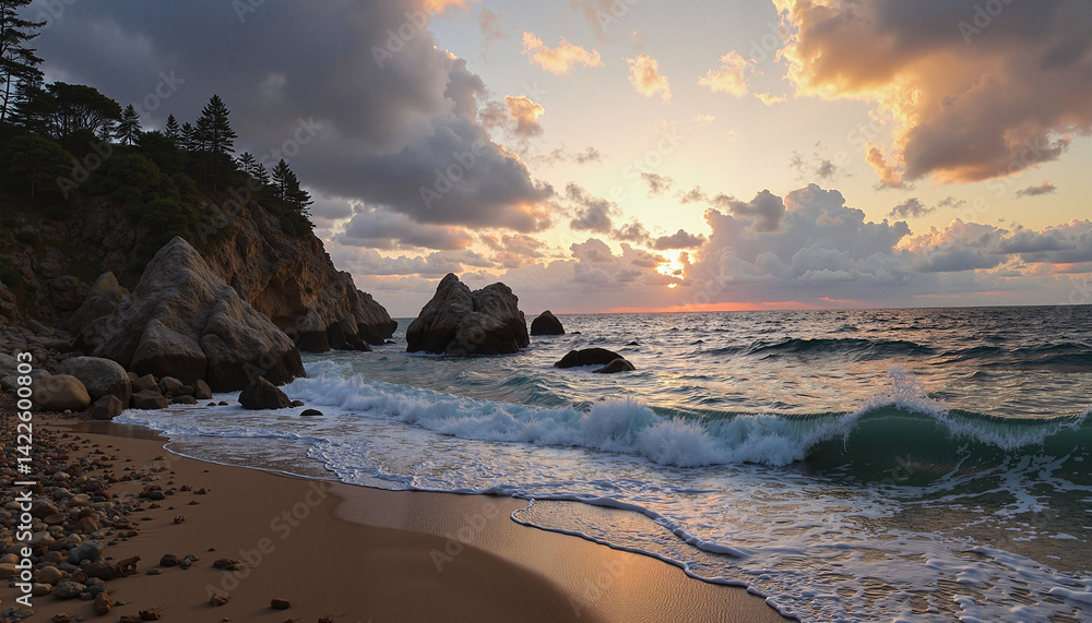 Fototapeta premium Dramatic sunset over rocky beach with crashing waves