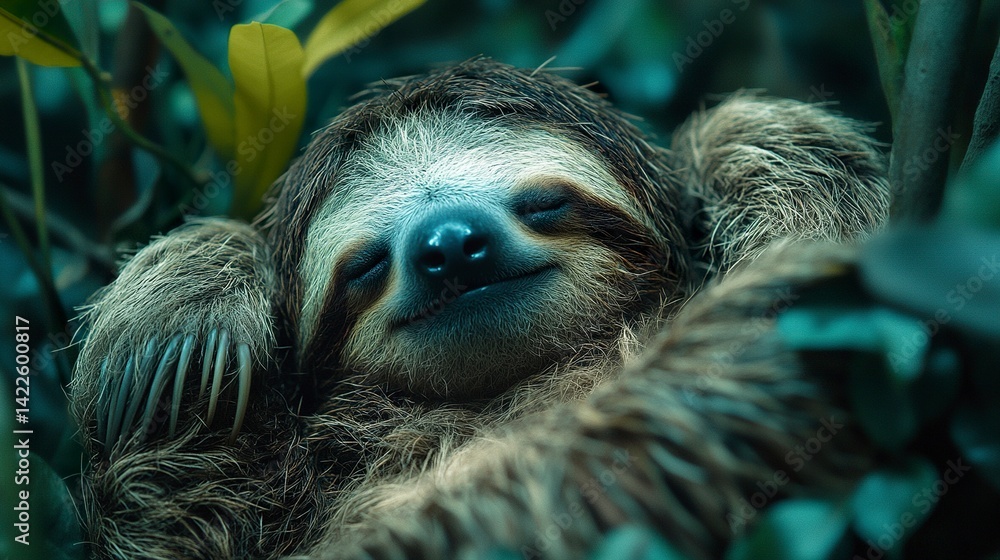 Fototapeta premium Jungle animal photography featuring sloth in resting position, concept of mindfulness and slow-paced lifestyle 