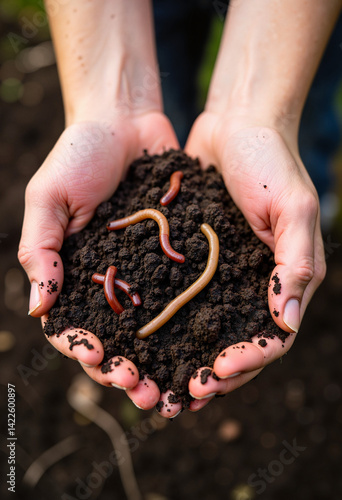 Hands holding soil with earthworms against blurred background