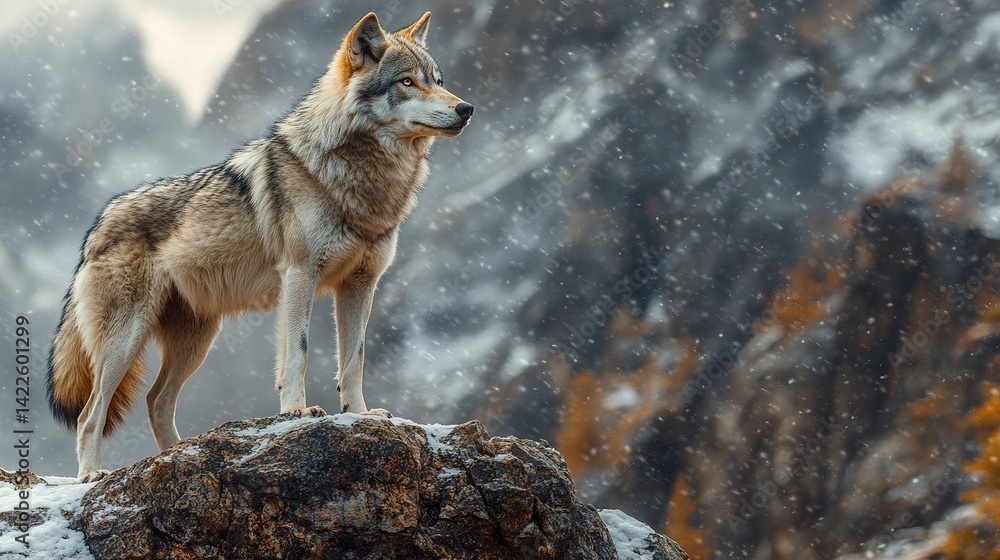 Obraz premium Lone grey wolf standing triumphantly on a rocky cliff in a dramatic snowy mountain scene with stormy skies 