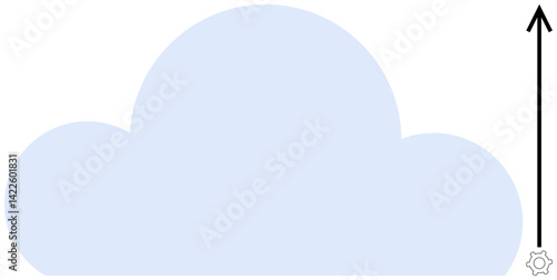 Blue cloud graphic with upward arrow symbolizing growth or progress. Small gear in lower corner hints at cloud services or technology. Ideal for technology, data, cloud storage, innovation, growth