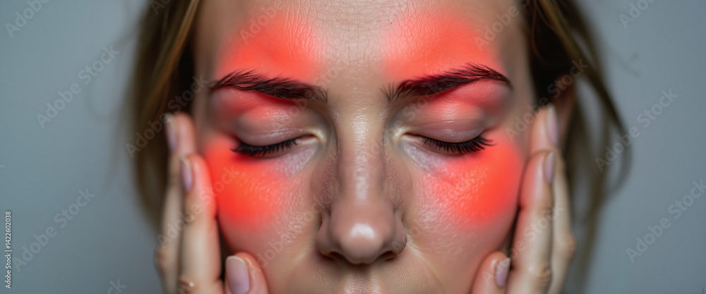 Person with vibrant red eye makeup touching face