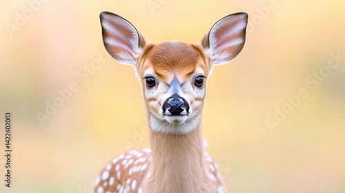 White-tailed Fawn Close-up Portrait, Soft Focus, High-Resolution, Front-facing View, Detailed Fur, Curious Gaze, Autumnal Meadow, Warm Golden Hues, Ideal for Wildlife Calendars