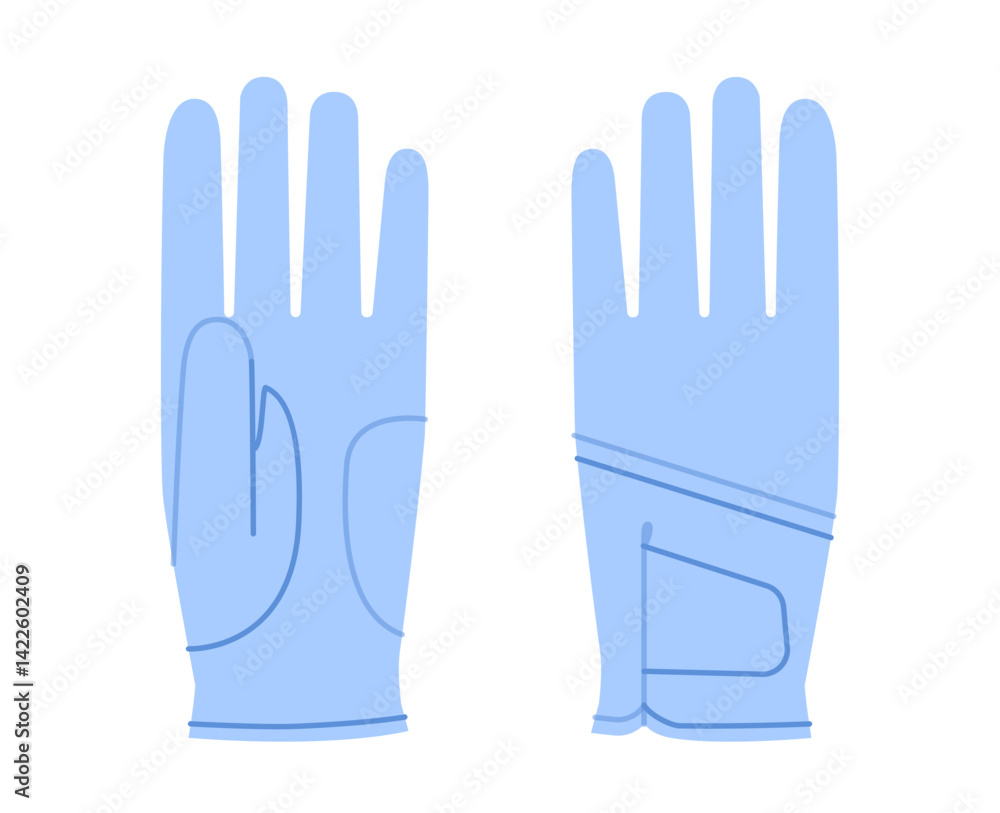 Obraz premium Golf Gloves blue cartoon Fashion hand accessory clothing technical illustration garment. Vector front palm back view for Men, women, unisex style flat template CAD mockup sketch on white background