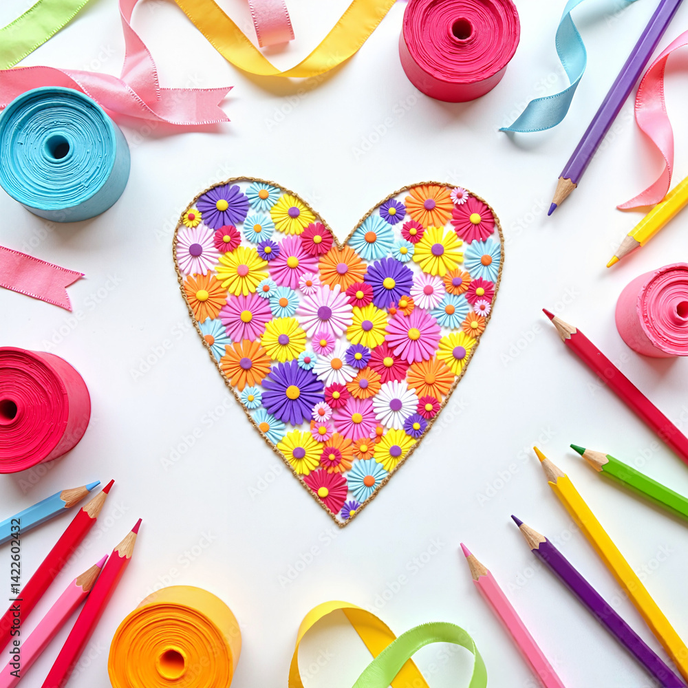 Colorful floral heart with craft supplies on white background