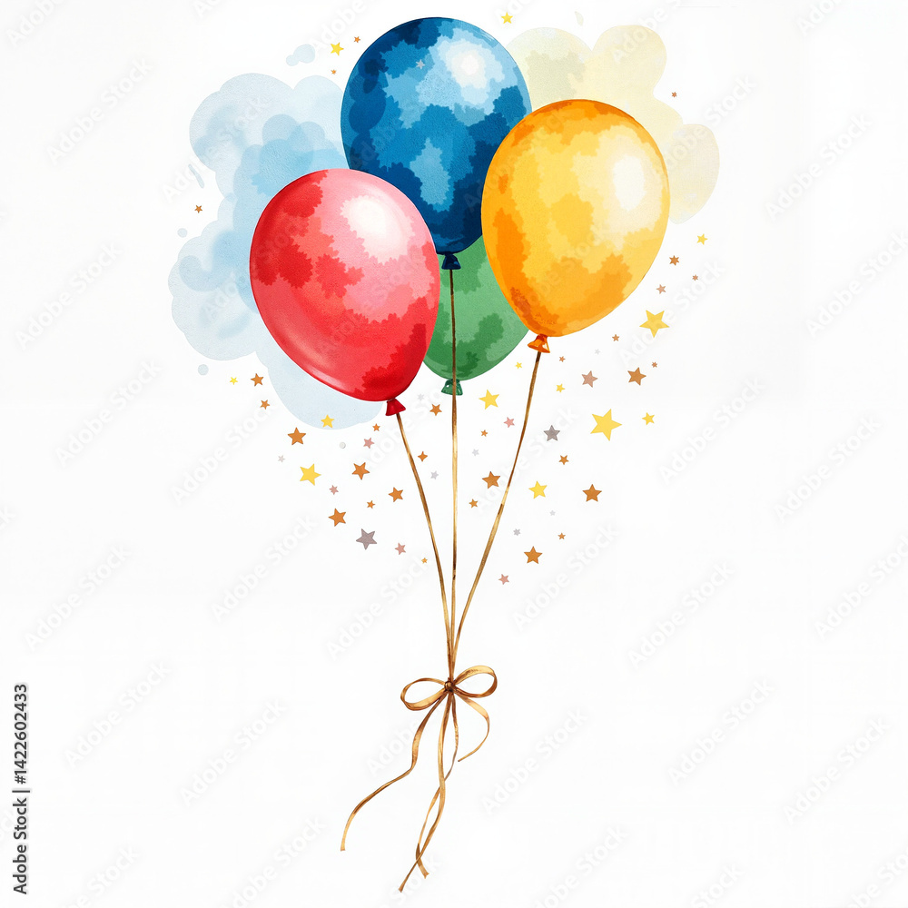 Colorful watercolor balloons with stars and bow