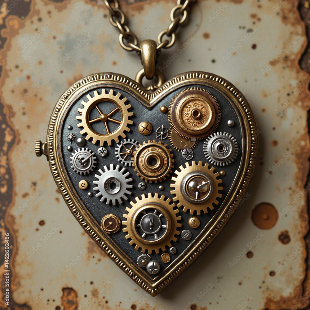 Steampunk heart pendant with gears on rustic background