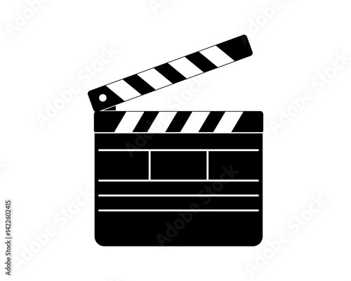 Open clapper board isolated on white background. Movie clapboard silhouette. Film director tool. Camera and action concept. Cinematographic or television production object. Vector graphic illustration