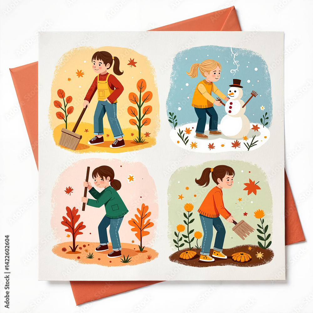 Autumn activities illustration with children outdoor, creating, and playing in seasonal scenes