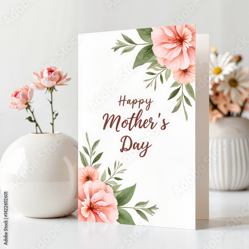 Obraz na płótnie Happy Mother's Day card with pink flowers and greenery on a white background w salonie