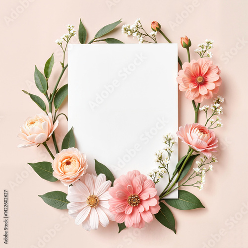 Obraz na płótnie Floral frame with pink flowers on beige background w salonie