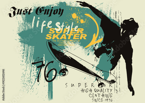 skateboard in minimalistic style with grunge vintage, urban typography street art graffiti slogan, art typography slogan, freestyle skateboard graffiti , graphics graffity sports.  t, eps8