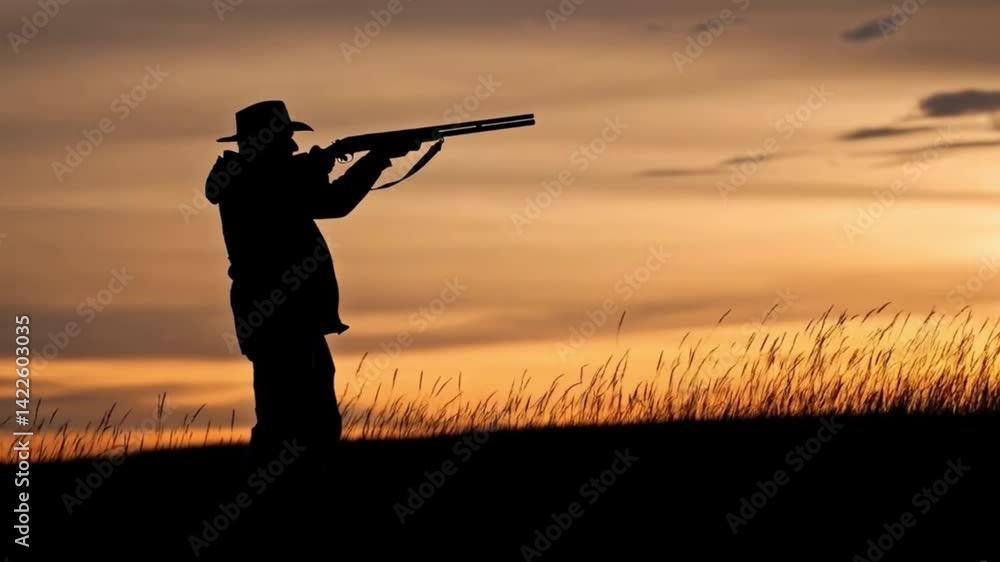 Silhouette of a Hunter Aiming a Shotgun in Tall Grass at Sunset with Dramatic Sky Background Silhouette of a Hunter Aiming a Shotgun in Tall Grass at Sunset with Dramatic Sky Background